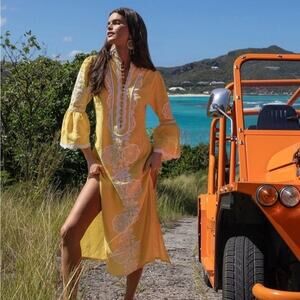Asha Ashley McMcormick Dress Yellow Embroidered Linen Kaftan Midi Dress Size M